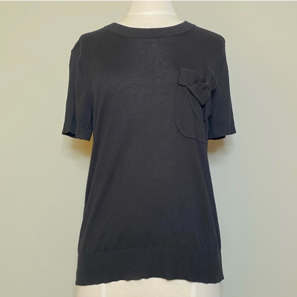 Kate Spade Kit Black Silk Blend Short Sleeved Sweater Top with Bow Pocket, L